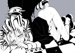 androgynous bed bent_over blush crona_(soul_eater) crying cum female from_behind greyscale hand_on_head monochrome open_mouth pillow ragnarok_(demon_sword) rape saliva soul_eater spikes top-down_bottom-up