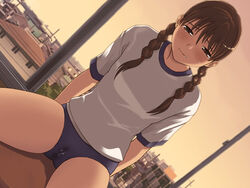 brown_eyes cameltoe dutch_angle female gym_uniform nanase_ruo real_intention school_desk twin_braids