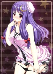 female highres kaneru long_hair panties panty_pull patchouli_knowledge purple_hair pussy_juice pussy_juice_trail red_eyes sandals side-tie_panties star striped touhou underwear wet_pussy