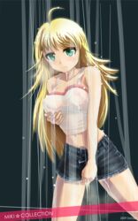 blonde_hair denim_skirt deza erect_nipples green_eyes highres hoshii_miki idolmaster jean_skirt long_hair masturbation miniskirt nipples see-through skirt solo standing wet