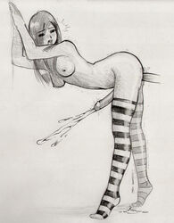 anal ass blush breasts cum cum_inside cum_while_penetrated futanari intersex long_hair monochrome penis striped striped_legwear striped_thighhighs thighhighs uncensored