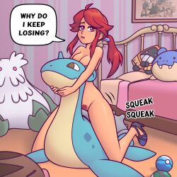 1girl 1girls breasts dialogue elite_four female female_masturbation female_only game_freak guilhermerm humping humping_plushie indoors lorelei_(pokemon) masturbating masturbation nintendo nude pokemon pubic_hair red_hair solo speech_bubble text