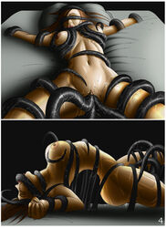 arched_back bed brown_hair female female_orgasm gag gagged head_back helpless long_hair monster nipples on_back orgasm tentacle triple_vaginal vaginal_penetration