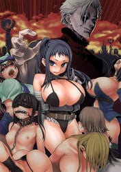 asanagi ass belt bit_gag black_hair blindfold blonde_hair blue_eyes blush bondage breasts brown_eyes brown_hair chains cleavage collar erect_nipples fantasy_earth_zero female female_only femsub gag huge_breasts leash long_hair multiple_girls multiple_subs nipples short_hair