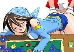 1boy 1girls bandana bent_over brown_hair card card_game duel female from_behind human human_only lowres male mark_(pokemon) mint_(pokemon) playmat pointy_chin pokemon pokemon_card pokemon_tcg pokemon_tcg_gb sex straight_hair trading_card