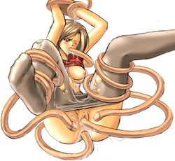 1girls anal anal_penetration anus arms_up bound_arms bound_legs breasts breasts_out censored double_penetration female female_focus forced legs_up medium_breasts nipples pantyhose penetration pussy rape shirt_lift shirt_up spread_legs tentacle tentacle_rape torn_clothes torn_pantyhose vaginal_penetration wince