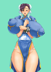 blue_background blue_theme blush bracelet breasts breasts_bigger_than_head cameltoe capcom chun-li double_bun earrings erect_nipples female female_only huge_breasts human hyper hyper_breasts large_areolae mimasaka_hideaki nipple_bulge open_mouth puffy_nipples simple_background solo spiked_bracelet spikes straight_hair street_fighter thick_thighs