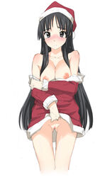 bare_shoulders blush bottomless breasts dress dress_lift female female_only hat human human_only k-on! mio_akiyama_(k-on!) nipples nora_shinji pooca pussy santa_costume santa_hat sketch solo uncensored