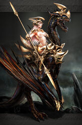 armor beast boots breasts dirty dragon dragon_rider erect_nipples gloves helmet kidkidkidkid lance long_hair original pink_hair spear topless white_hair