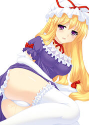 blonde_hair blush choker elbow_gloves female frills gloves hat katagiri_chisato long_hair lying on_side panties purple_eyes pussy_juice ribbon thighhighs touhou underwear white_gloves yukari_yakumo
