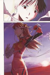 asuka_langley_sohryu bandage cast clothing color eye_patch eyepatch female milestone_post neon_genesis_evangelion plugsuit red_hair shinji_ikari small_breasts