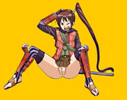 boots brown_hair gloves japanese_clothes long_hair no_panties nude_filter onimusha open_mouth photoshop ponytail pussy red_eyes samurai spread_legs sword thigh_boots thighhighs tied_hair uncensored weapon yagyu_jubei_akane