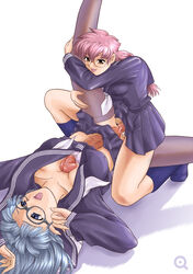 autopaizuri autopaizuri_under_clothes behind_moon blue_hair breasts cum cum_inside dulce_report footwear futa_only futa_sans_balls futanari glasses high_resolution intersex kiyose_aoi kuroki_momoe legwear long_hair no_panties paizuri penis pink_hair q_(artist) school_uniform serafuku sex skirt socks stockings thighhighs twin_braids vaginal_penetration