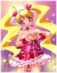 :d blonde_hair breast_squeeze breasts cameltoe clothing cure_peach dress earrings fresh_precure! fresh_pretty_cure! jewelry lactation magical_girl medium_breasts momozono_love nipples open_mouth panties pink_eyes precure pretty_cure smile teruchan