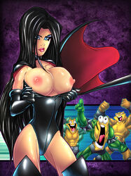 1girls 3boys anthro awooga battletoads black_elbow_gloves black_hair black_leotard blue_eyes breasts breasts_out cape cowboy_shot curvaceous curvy dark_queen elbow_gloves eyes_bugging_out eyeshadow facing_viewer flashing flashing_breasts huge_breasts interspecies large_breasts latex leather leotard leotard_pull lipstick long_hair looking_at_viewer muscular_male nipples outline parted_lips pimple_(battletoads) pointing_at_another pulled_by_self rareware rash_(battletoads) red_lips red_lipstick robduenas self_exposure skinny_waist strapless_leotard surprised thighhighs very_long_hair villainess wild_take zitz_(battletoads)