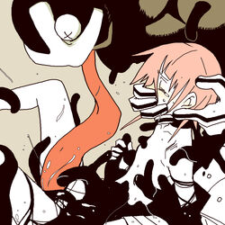 bed blush crona_(soul_eater) crying female hand_over_another&#039;s_mouth hand_over_mouth handgag pink_hair ragnarok_(demon_sword) rape short_hair soul_eater tears tentacle tongue