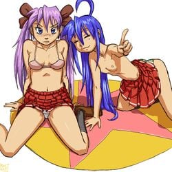 2girls bra female human kagami_hiiragi konata_izumi lucky_star multiple_girls panties skirt spidu tagme topless