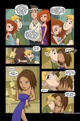 2boys 3girls alcohol bottle breast_sucking breasts comic dark_skin disney dress drink drunk english_text female human jkrcomix kim_possible kimberly_ann_possible kissing male multiple_girls nipples ron_stoppable straight text topless