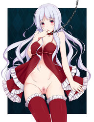 babydoll blush bondage breasts censored chains christmas clitoris collar female leash long_hair looking_at_viewer navel negligee original pussy red_eyes shuuichi silver_hair solo standing thighhighs