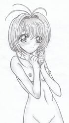 1girls blush breasts cardcaptor_sakura female greyscale human looking_at_viewer monochrome nipples nude rabu-nyan sakura_kinomoto short_hair sketch small_breasts solo tagme young