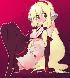 bikini blonde_hair chii chobits dark_ryev female heart-shaped_pupils long_hair pinup ryev solo_focus stockings symbol-shaped_pupils