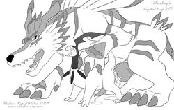 aledon_rex bayleef crossover digimon garurumon knot male monochrome multiple_males no_humans pokemon pokemon_(species) yaoi