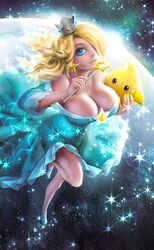 blonde_hair blue_eyes breasts cleavage crown dress earrings female hair_over_one_eye huge_breasts human long_hair luma mario_(series) moon night nintendo princess_rosalina smile stars super_mario_galaxy wand yuqoi