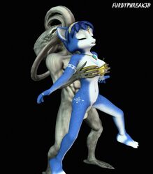 3d anthro barefoot black_nose blue_fur bottomless bra closed_eyes clothes color female fox fur furbyphreak3d furry interspecies krystal male star_fox tagme white_fur