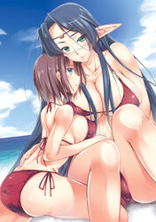 2girls ayano_naoto back bare_shoulders bikini blue_eyes blush breast_press breast_squeeze breasts brown_hair cleavage elf glasses green_eyes highres huge_breasts juana kyoukaisenjou_no_horizon large_breasts long_hair multiple_girls pointy_ears short_hair side-tie_bikini sideboob tachibana_gin very_long_hair water