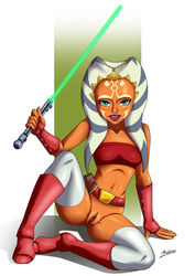 1girls ahsoka_tano arabatos blue_eyes clone_wars female female_only green_lightsaber jedi jedi_padawan lightsaber no_panties pussy solo star_wars tagme the_clone_wars:_season_one togruta weapon