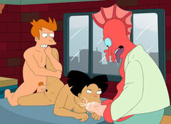 1girls 2boys amy_wong asian female freako futurama human interracial interspecies john_a._zoidberg male philip_j_fry pubes pubic_hair sex straight threesome vaginal_penetration