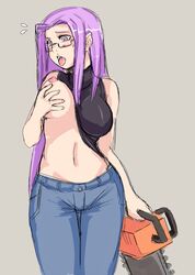 areolae bare_shoulders breast_lift breast_slip breasts chainsaw denim fate/stay_night fate_(series) female glasses halter_top halterneck highres jeans kekekeke large_breasts long_hair medusa_(fate) midriff navel nipples no_bra one_breast_out purple_eyes purple_hair shirt_lift solo tongue tongue_out