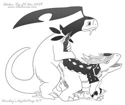 aledon_rex bayleef crossover digimon male monochrome multiple_males no_humans pokemon pokemon_(species) ryudamon yaoi