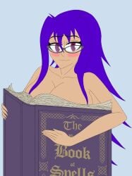 big_breasts book book_covering_breasts cinder_ember cleavage convenient_censoring glasses huge_breasts naked ouch_meme purple_eyes purple_hair spark_knight