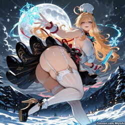 1girl 1girls ai_assisted ai_generated ass bangs bare_shoulders big_ass big_breasts blonde_hair blue_eyes blue_neckwear blush bow bowtie breasts crescent_moon curvaceous curvy curvy_female curvy_figure dress earth escoffier_(genshin_impact) female female_only full_moon garter_straps genshin_impact high_heel_boots high_heels holding huge_ass large_breasts light-skinned_female long_hair looking_at_viewer miyuai moon night night_sky open_mouth planet skirt sky sleeveless smile solo space star_(sky) starry_sky striped striped_legwear thick thick_ass thick_butt thick_hips thick_legs thick_thighs thighhighs voluptuous voluptuous_female water white_legwear wide_hips wide_thighs wrist_cuffs