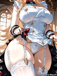 1girl ai_assisted ai_generated blonde_hair breasts cleavage curvaceous curvy curvy_female curvy_figure dress dress_lift escoffier_(genshin_impact) female garter_belt garter_straps genshin_impact gloves indoors jewelry large_breasts lifted_by_self long_hair miyuai panties solo thick thick_ass thick_butt thick_hips thick_legs thick_thighs thighhighs thighs twintails underwear voluptuous voluptuous_female white_gloves white_legwear white_panties wide_hips wide_thighs wrist_cuffs