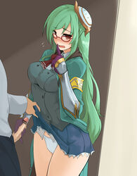 1boy 1girls = armband assisted_exposure athena_(p&d) blue_skirt blush censored female finger_to_mouth flying_sweatdrops glasses gloved_handjob gloves green_hair hair_ornament handjob highres light-skinned_female light-skinned_male light_skin long_hair looking_away momio panties penis pleated_skirt purple_gloves puzzle_&_dragons red-framed_glasses red_eyes school_uniform skirt skirt_lift solo_focus underwear vambraces very_long_hair white_panties