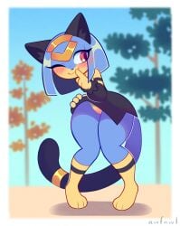 absurd_res anthro awfawl blush bottom_heavy bottomwear clothed clothing clothing_lift deity dress dress_lift egyptian_mythology felid feline female genitals hi_res mammal middle_eastern_mythology mythology nature outdoor_nudity outside pal_(species) palworld pocketpair public public_nudity sekhmet_(pal) shortstack shortstack_female shy skirt skirt_lift smile thick_thighs vulva wide_hips