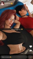 1futa 1girls 3d abs bed big_breasts blankken choker futa_with_female futanari glasses huge_breasts liz_(blankken) lucy_(blankken) mischievous_look mischievous_smile red_hair redhead redhead_female sleeping snapchat snapchat_story