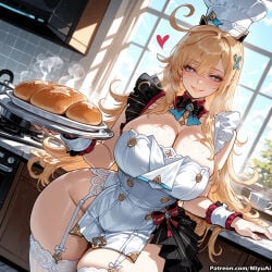 1girl ai_assisted ai_generated apron bangs blonde_hair blue_eyes blush breasts cleavage curvaceous curvy curvy_female curvy_figure escoffier_(genshin_impact) female food garter_straps genshin_impact heart heart-shaped_pupils holding_tray huge_breasts indoors long_hair looking_at_viewer maid_headdress miyuai smile solo symbol-shaped_pupils thick thick_ass thick_butt thick_hips thick_legs thick_thighs thighhighs tray voluptuous voluptuous_female white_legwear wide_hips wide_thighs window wrist_cuffs
