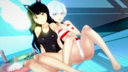 2girls black_hair black_hair_female blake_belladonna blue_eyes logang45 long_hair long_hair_female pool pose posing rwby swimsuit weiss_schnee white_hair white_hair_female yellow_eyes