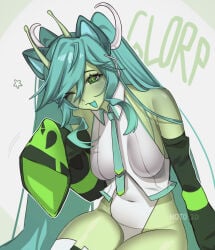 1girls absolute_territory alien alien_girl alien_humanoid antennae blue_hair cat_ears cyan_hair detached_sleeves english_text glorpi_miku_(dyarikku) green_skin happy hatsune_miku hips leotard long_hair medium_breasts noto_hams shoulders sleeves sleeves_past_wrists smile smiling thighhighs thighs tie very_long_hair vocaloid waist watermark waving zettai_ryouiki