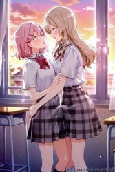 2boys ai_generated amaori_renako bangs black_legwear blue_eyes blush bow bowtie bulge chair classroom cloud collared_shirt desk erection erection_under_clothes eye_contact eyebrows_visible_through_hair femboy genderswap genderswap_(ftm) grey_skirt hair_ornament hairclip indoors kneehighs long_hair looking_at_another male open_mouth pink_hair pleated_skirt red_bow red_bowtie ribbon school_chair school_desk school_uniform sena_ajisai shirt shirt_tucked_in short_hair short_sleeves skirt sky socks standing sunset tehmar trans_woman transfem trap watashi_ga_koibito_ni_nareru_wake_naijan_murimuri white_legwear white_shirt window x_hair_ornament yaoi