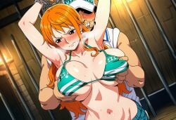 ai_art ai_generated big_boobies big_boobs big_breasts big_tits big_titties bikini_top blush blushing captured captured_female endured_face enduring_face grope grope_from_behind groped groped_from_behind groping_breasts groping_from_behind light-skinned_female marine_(one_piece) nami_(one_piece) one_piece orange_hair_female prison_cell revealing_clothes revealing_outfit sexual_harassment steamy_breath