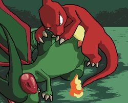 charmeleon color female fire flygon green_skin interspecies male nintendo nude open_eyes outdoors pokemon pokemon_(species) pussy red_skin sex straight tail tail_fire vaginal_penetration wings