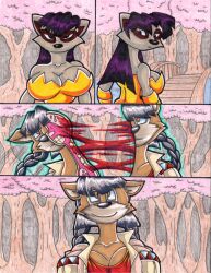 2018 anthro big_breasts black_hair blood bodily_fluids breasts brown_body brown_eyes brown_fur canid canine canis clothed clothing comic coyote crop_top cross_section duo female fur gloves glowing gore hair handwear huge_breasts jacket june_coyote mammal plant raccoon_dog regeneration resurrection shirt tan_body tan_fur tanuki topwear traditional_media_(artwork) tree virus-20 water wooden_bridge
