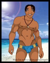 1boy beach black_hair blue_speedo bulge dark_hair david_kawena disney human lilo_and_stitch male male_only melanin muscles muscular muscular_male nipples outdoors outside red_bones solo speedo