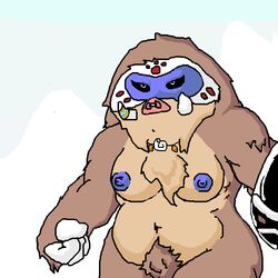 anthro blue_nipples breasts brown_fur color exposed_breasts female female_only front_view fur furry_breasts hair mamoswine nintendo nipples nude open_eyes pokemon pubic_hair solo tusk