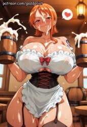 1girl ai_generated apron blush bokeh_background breasts bukkake busty corset cowboy_shot cum cum_on_cheek cum_on_face curvy deep_cleavage facial from_below gaddariat garter_belt garter_straps huge_breasts large_breasts long_hair looking_at_viewer low_angle milk_dripping nami nami_(one_piece) one_piece orange_hair patreon pirate seductive squeezing_breasts sweat thick_thighs underboob voluptuous