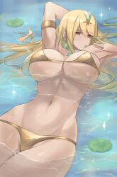 1girls alternate_costume armband bikini blonde_hair breasts calmgreentori choker colored core_crystal core_crystal_(xenoblade) curvy curvy_figure earrings female female_only gold_bikini gold_eyes jewlery large_breasts lily_pad long_hair looking_at_viewer monolith_soft mythra navel nintendo swimsuit tagme tiara water xenoblade_(series) xenoblade_chronicles_2
